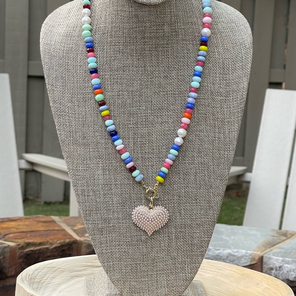 Multi Gemstone with Pearl pavé heart pendant